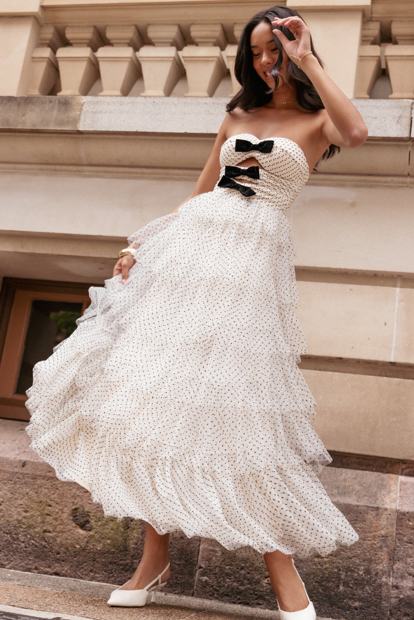 Kelari Strapless Midi Dress - Cream Polka Dot